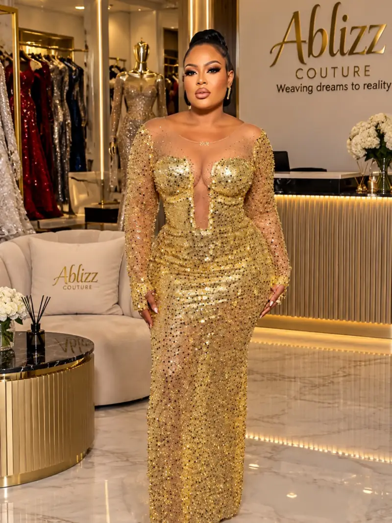 An Ablizz client in a gold beaded gown inside the Ablizz Couture atelier
