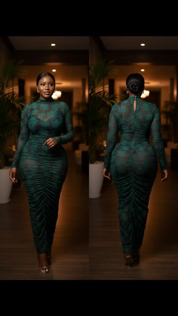 Emerald ruched lace gown